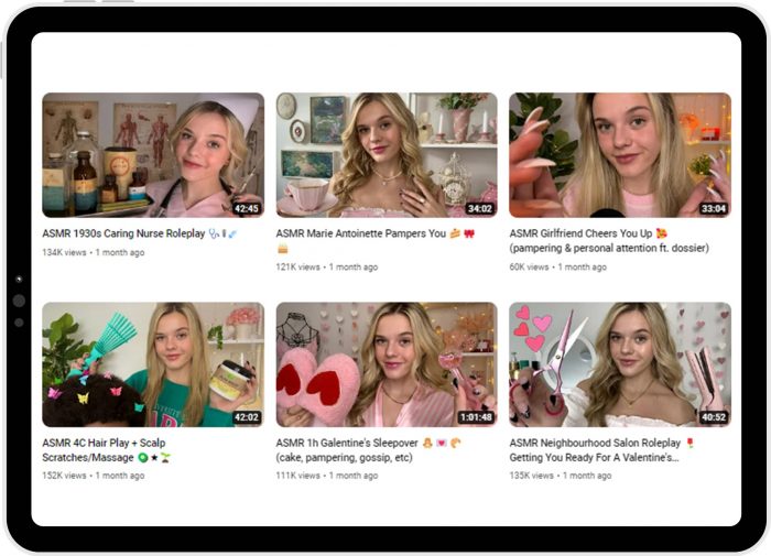 Screenshot showing thumbnails from six of content creator Oceans ASMR's videos on YouTube. She is posing in each one and the thumbnail captions read: 'ASMR 1930s Caring Nurse Roleplay'; 'ASMR Marie Antoinette Pampers You'; 'ASMR Girlfriend Cheers You Up (pampering & personal attention ft dossier)'; 'ASMR 4C Hair Play + Scalp Scatches/Massage'; 'ASMR 1h Galentine's Sleepover (cake, pampering, gossip, etc)'; ASMRE Neighbourhood Salon Roleplay Getting You Ready For A Valentine's...'