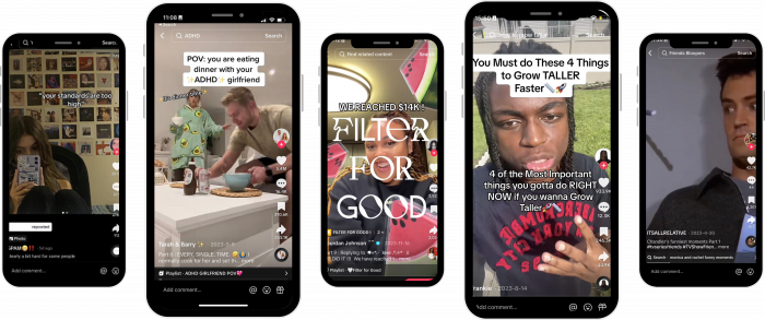 A collection of phones showing social media content on their screens