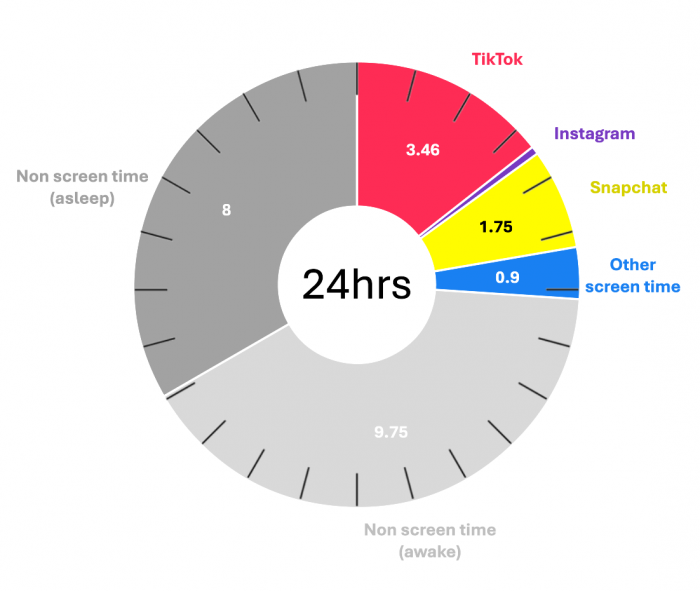 Round graphic depicting 24 hours to show research participant Niamh's average daily screentime. It shows: 8 hours for sleep, 3.46 hours on TikTok, 1.75 hours on Snapchat, around 8 minutes on Instagram and 0.9 hours of other screen time.